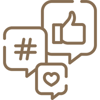 Social media icons: hashtag, thumbs up, heart.