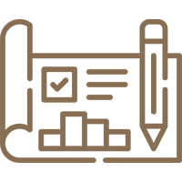 Blueprint with pencil and checkmark icon.